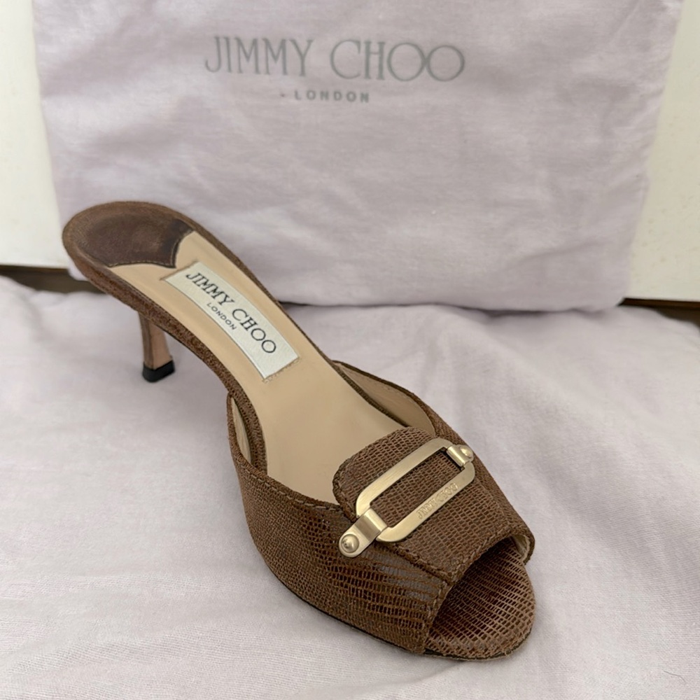 Jimmy Choo Brown Lizard Embossed Slide Sandals with Gold Buckle